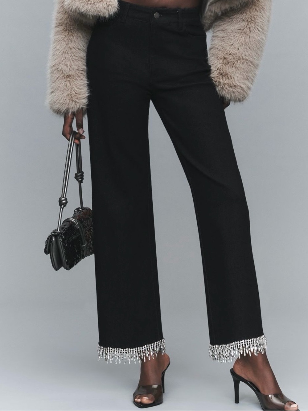 Black Wide-Leg Pants with Crystal Fringe Hem